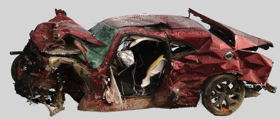 3D laser scan showing damage to the Dodge Challenger. 