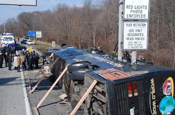 Photo of southbound view of accident motorcoach at rest.