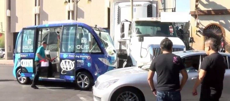 Scene of minor collision between truck-tractor and autonomous shuttle in downtown Las Vegas.