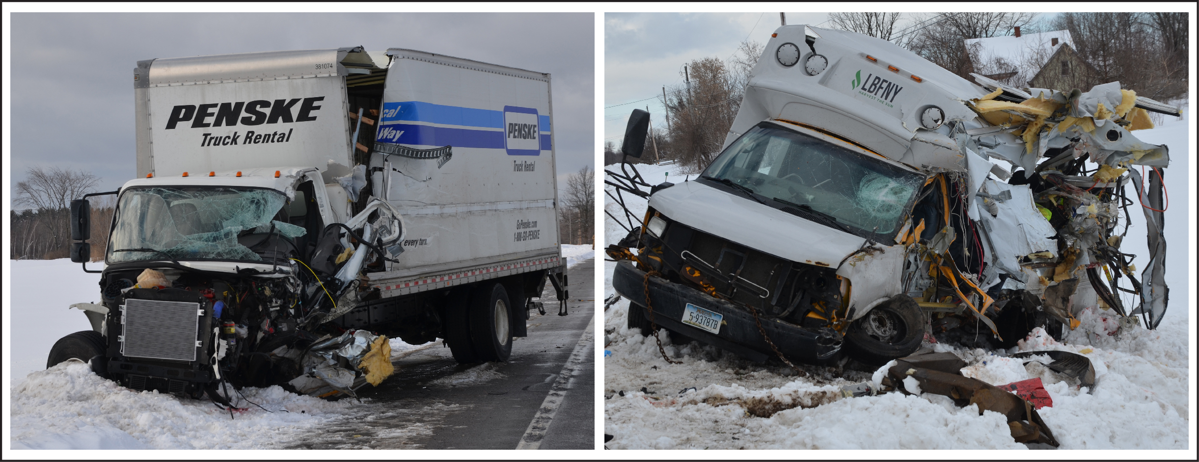 Photo showing both crashed vehicles at final rest. Front end damage to the 2021 Freightliner straight truck is shown on the left