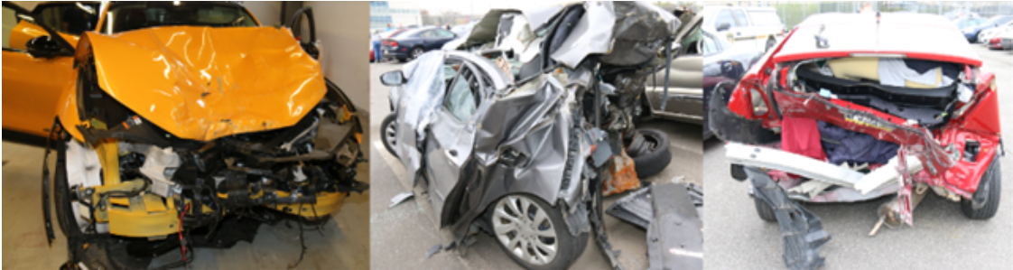 Figure 1. Postcollision photographs of Ford Mustang Mach-E, front view (left), Hyundai Elantra, left-rear view (center), and Toy