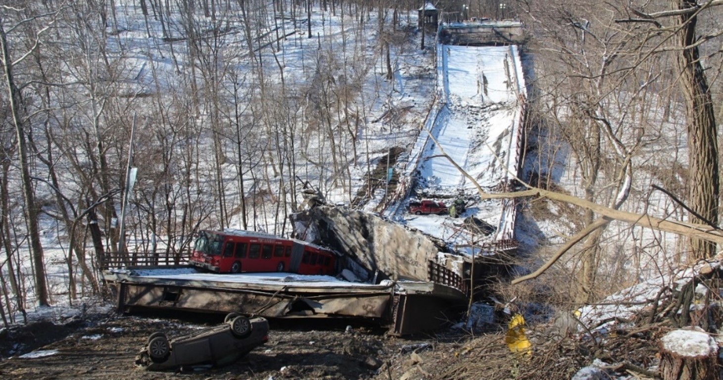 View of collapsed Fern Hollow Bridge from the east.