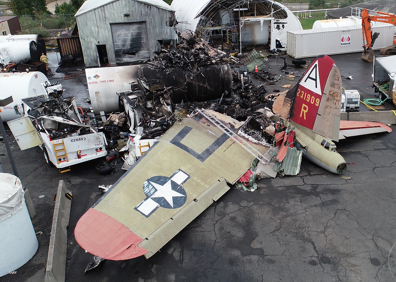 Photo of a Boeing B-17G, which was destroyed when it impacted terrain short of runway 6 at Bradley International Airport.